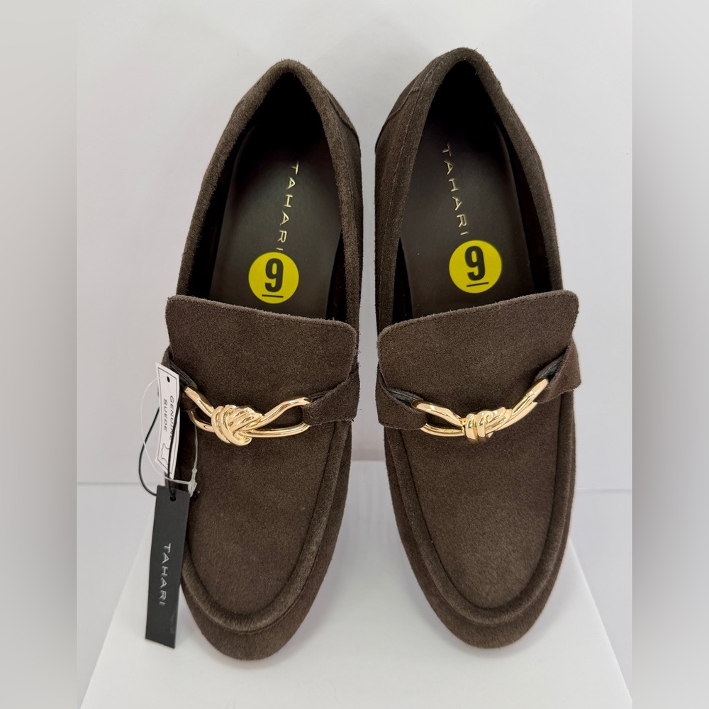 Tahari Dark Brown Suede Loafers Gold Horsebit Slip On Flats Women’s Size 9 NWT - Picture 2 of 7